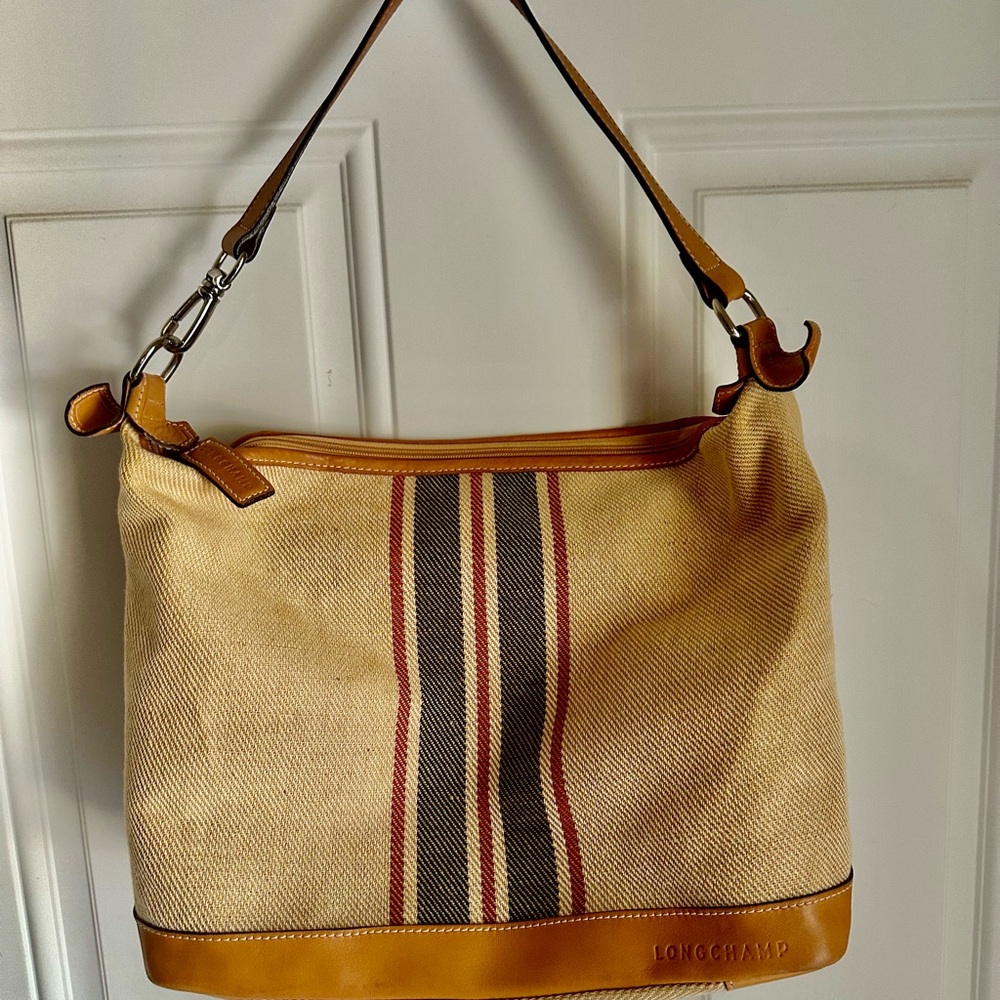Longchamp Tan and Brown Canvas Women's Bag with Genuine Leather Trim